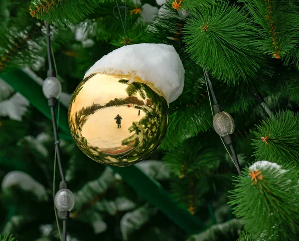 Yellow Christmas Ball Hangs Snow Covered Branch Christmas Tree Reflection — Zdjęcie stockowe