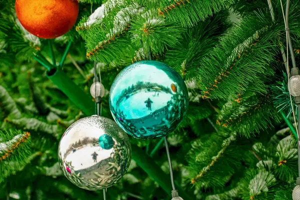 Christmas Balls Hanging Snow Covered Branch Christmas Tree Reflection Effect — Stock Photo, Image