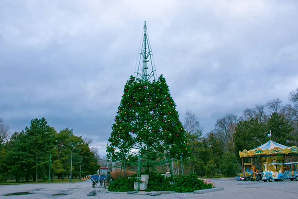 Δημοτικές Υπηρεσίες Διαλύουν Χριστουγεννιάτικο Δέντρο Της Πόλης Μετά Τις Διακοπές — Φωτογραφία Αρχείου