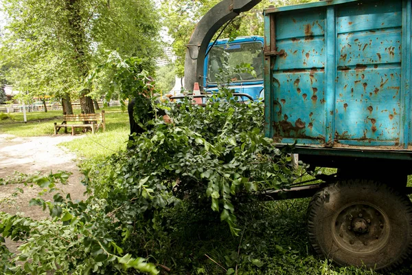 Dněpropetrovsk Ukrajina 2021 Práce Mobilního Drtiče Suchých Větví Stromů Městském — Stock fotografie
