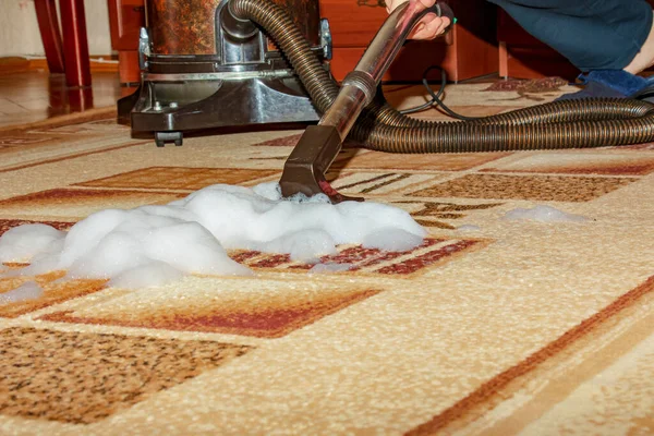 Process Cleaning Carpet Vacuum Cleaner Water Filter Woman Collects Remains — Stock Photo, Image