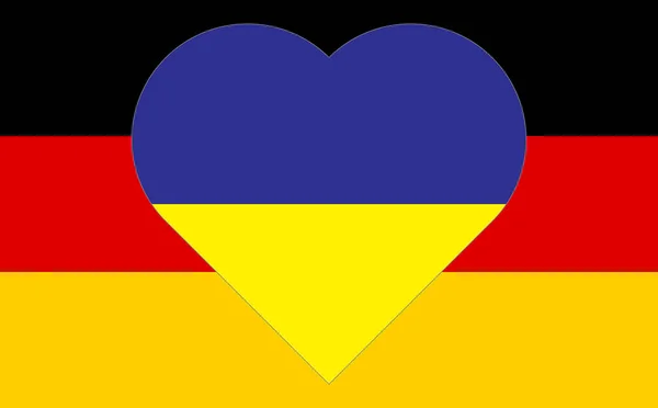 ドイツの国旗にウクライナの国旗の色で描かれた心 国の象徴に青と黄色のハートのイラスト — ストック写真