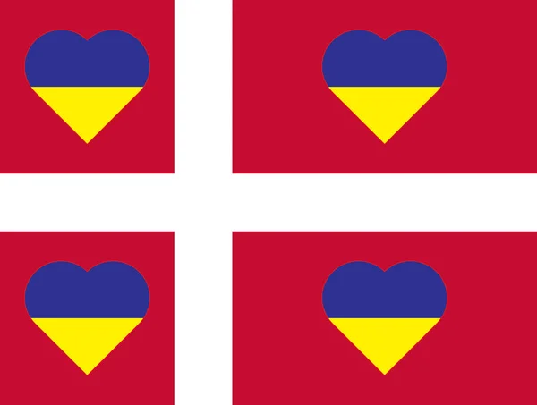 丹麦国旗上印有乌克兰国旗颜色的心形图案 国徽上蓝黄相间的心形图解 — 图库照片