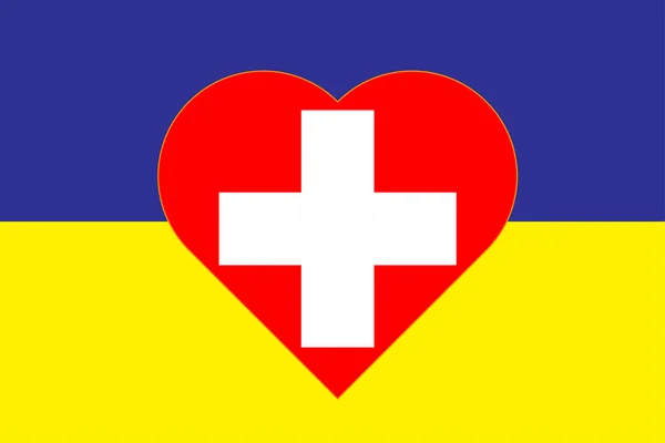 Coeur Peint Aux Couleurs Drapeau Suisse Sur Drapeau Ukraine Illustration — Photo