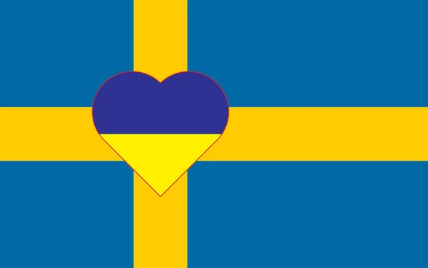 スウェーデンの国旗にウクライナの国旗の色で描かれた心 国の象徴に青と黄色のハートのイラスト — ストック写真