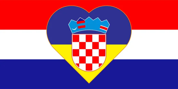 크로아티아의 국기에 우크라이나 색으로 그려진 심장이었습니다 상징물에 파란색 노란색 심장의 — 스톡 사진