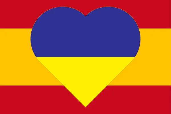 西班牙国旗上印有乌克兰国旗颜色的心形图案 国徽上蓝黄相间的心形图解 — 图库照片