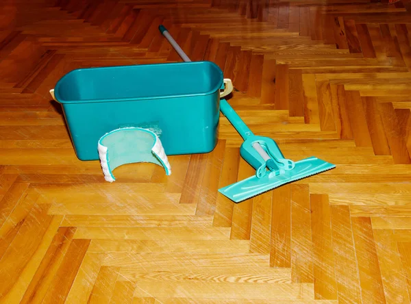 Σφουγγάρισε Πάτωμα Παρασκευάζεται Κουβάς Ειδική Λύση Για Πλύσιμο Παρκέ Και — Φωτογραφία Αρχείου