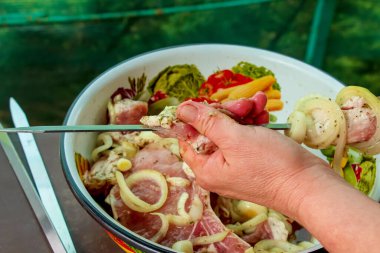Terbiye edilmiş çiğ etle dolu bir kase ve şişte kebap sallayan kadın elleri.