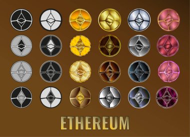 Kripto Ethereum ETH madeni para simgesini ayarla. Dijital para birimi. Altcoin sembolü. Engelleme zincirine dayalı kripto para birimini emniyete al.