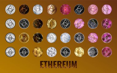 Kripto Ethereum ETH madeni para simgesini ayarla. Dijital para birimi. Altcoin sembolü. Engelleme zincirine dayalı kripto para birimini emniyete al.