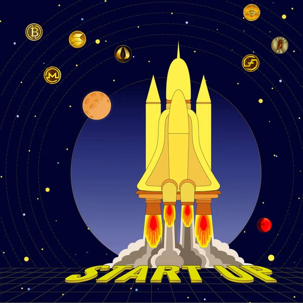 The rocket takes off from the spaceport with the inscription Start up. Color illustration with images of cryptocurrencies and planets. Allegory of a successful new project.