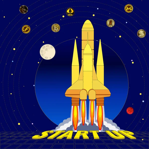 Rocket Takes Spaceport Inscription Start Color Illustration Images Cryptocurrencies Planets — Fotografia de Stock