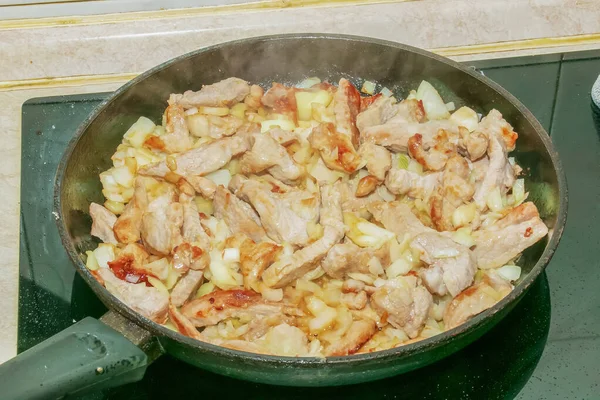 Pieces Pork Chopped White Onion Fried Hot Pan Oil Close — Stok fotoğraf