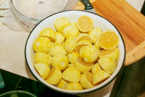 Fresh Citrus Background Table Lemons Peeled Zest White Bowl — Fotografie, imagine de stoc