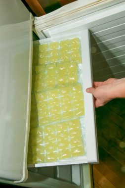 Woman's hands stack bags for ice cubes with lemon juice in the freezer. Freshly squeezed lemon juice is frozen in portions to make lemonade.