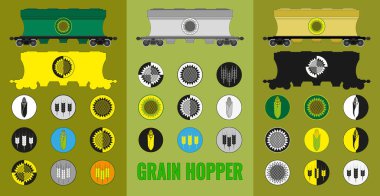 Icon set Hopper car for bulk transportation of grain, corn, sunflower and cereal icons. Constructor for designer. Illustration