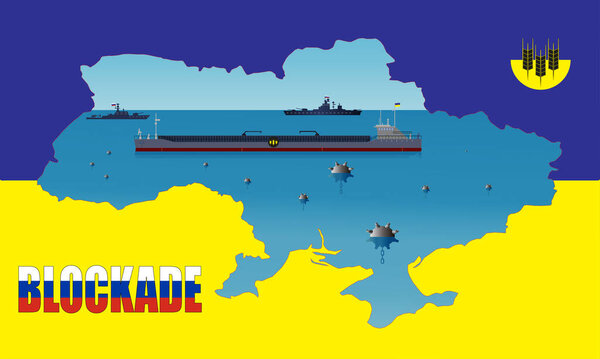Иллюстрация украинского навалочного судна с зерном, заблокированным минами и российскими кораблями в Черном море. Карта Украины на желто-синем флаге.