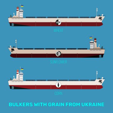 Mısır gevreği, ayçiçeği ve mavi deniz zemininde buğday taşıyan Ukrayna 'lı gemi taşıyıcılarının çizimleri. Toplu taşıyıcılar sarı-mavi bayrak taşır..