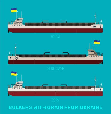 Mısır gevreği, ayçiçeği ve mavi deniz zemininde buğday taşıyan Ukrayna 'lı gemi taşıyıcılarının çizimleri. Toplu taşıyıcılar sarı-mavi bayrak taşır..