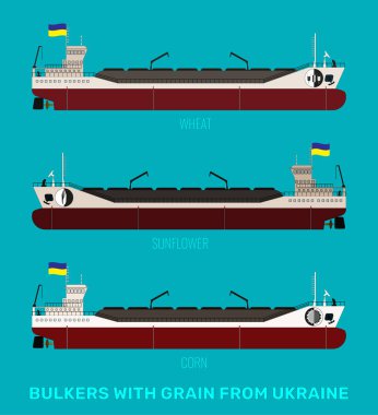Mısır gevreği, ayçiçeği ve mavi deniz zemininde buğday taşıyan Ukrayna 'lı gemi taşıyıcılarının çizimleri. Toplu taşıyıcılar sarı-mavi bayrak taşır..