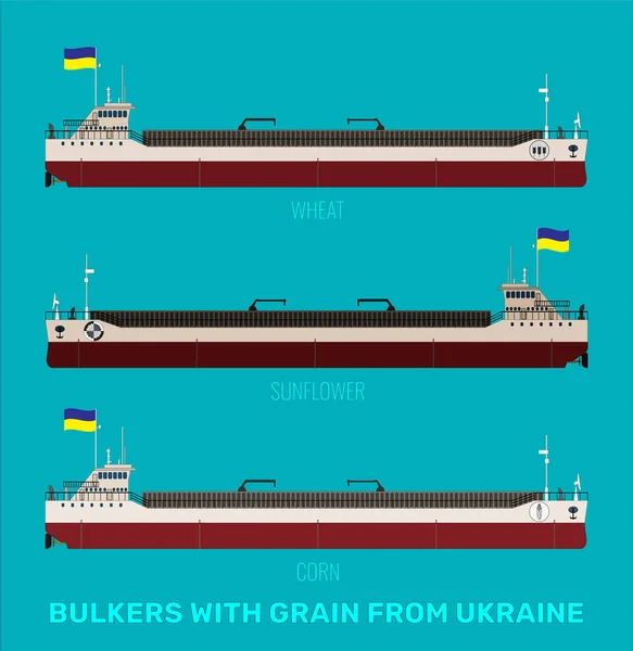 Set of illustrations of Ukrainian bulk carriers with cereals corn, sunflower, wheat on a blue sea background. Bulk carriers carry a yellow-blue flag.