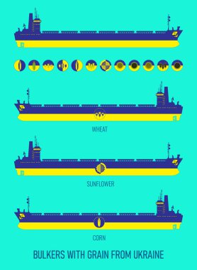 Toplu tahıl, tahıl, mısır ve ayçiçeği simgelerinin Ukrayna bayrağı renginde taşınması için ikon kargo gemileri. Tasarımcı. Görüntü