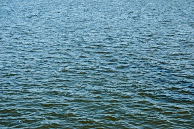 Sakin su yüzeyinde küçük dalgalar var. Güneşli bir günde nehrin su yüzeyinin arka planı.