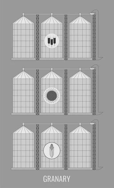 Creative illustration of an agricultural warehouse for a grain elevator isolated on a transparent background. Abstract concept of wheat, corn and sunflower graphic icon.