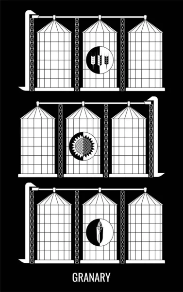 Creative illustration of an agricultural warehouse for a grain elevator isolated on a transparent background. Abstract concept of wheat, corn and sunflower graphic icon.