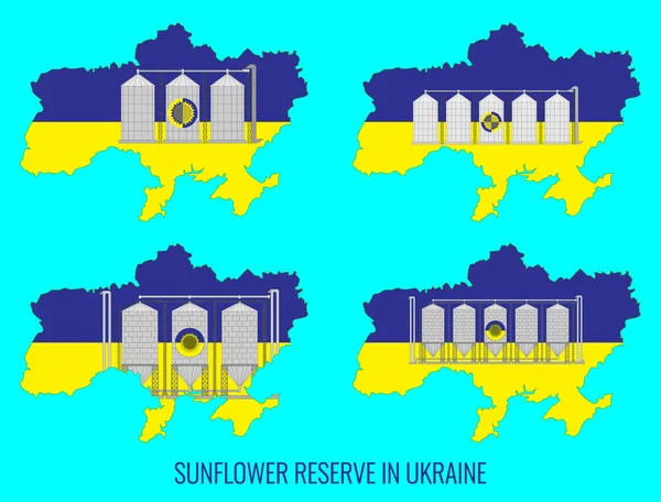 Ukraine grain stock icon illustration set. Granaries on the map of Ukraine, painted in the yellow-blue color of the national flag.