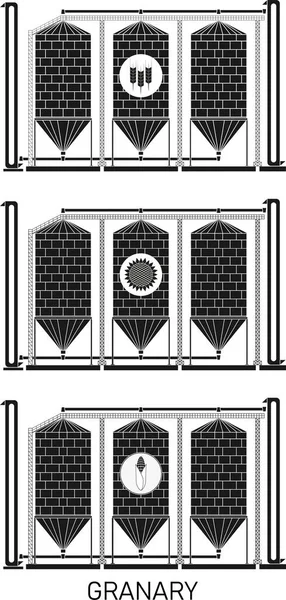 Creative illustration of an agricultural warehouse for a grain elevator isolated on a transparent background. Abstract concept of wheat, corn and sunflower graphic icon.