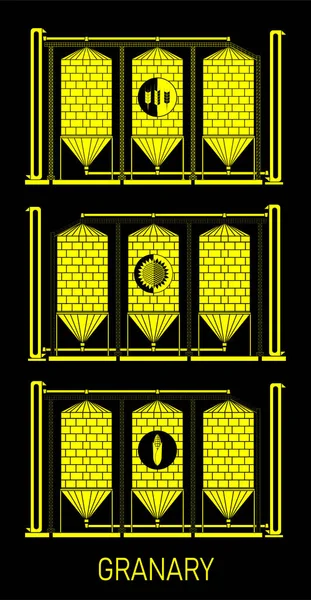 Creative illustration of an agricultural warehouse for a grain elevator isolated on a transparent background. Abstract concept of wheat, corn and sunflower graphic icon.