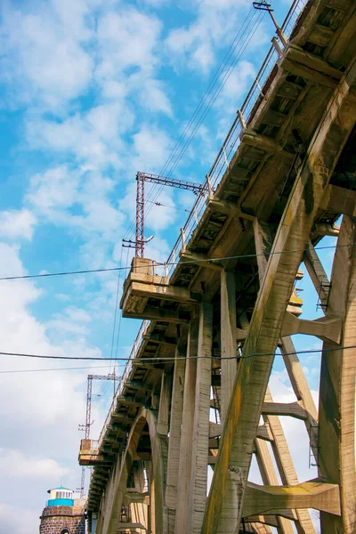 Structural elements of the old, built in the USSR, railway bridge across the Dnieper River.