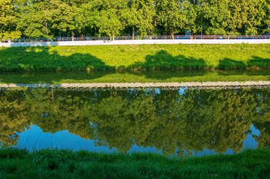 Nehir şehrin içinden akar. Nehir kıyılarının sakin yüzeyine yansıyor. Güneşli bir günde Slovakya nehri Nitra.