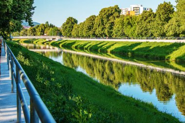Nehir şehrin içinden akar. Nehir kıyılarının sakin yüzeyine yansıyor. Güneşli bir günde Slovakya nehri Nitra.
