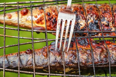 Izgaradaki salamurada uskumru balığı pişirme süreci. Kızarmış balık hazır..