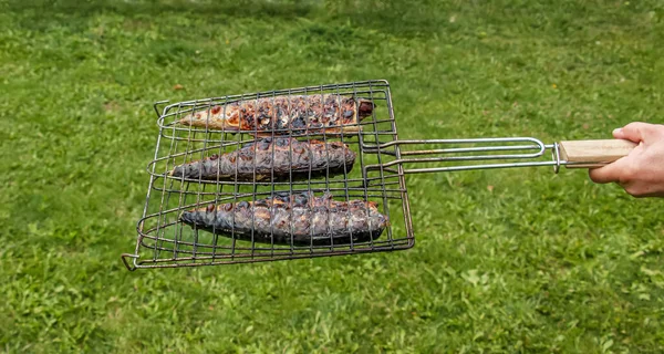 Proces Gotowania Makreli Marynacie Grillu Smażona Ryba Gotowa — Zdjęcie stockowe