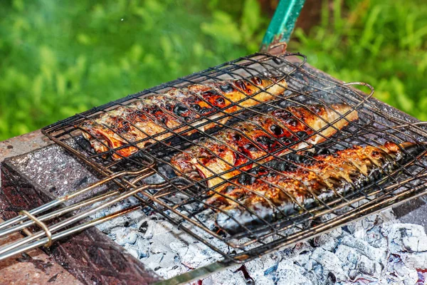 Process Cooking Mackerel Fish Marinade Grill Fish Fried Hot Coals — Stock Photo, Image