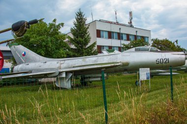 Aeroclub, Nitra, Slovakia - 06.13.2022: Sukhoi Su7 Fitter-A fighter-bomber, swept wing, cold war, soviet planes.