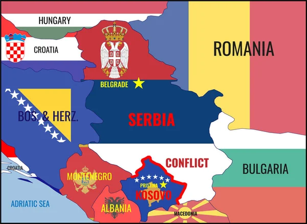 Illustration Map Serbia Kosovo Neighboring Countries National Flags Conflict Balkans — стокове фото