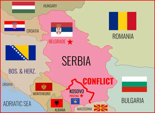 Illustration Map Serbia Kosovo Neighboring Countries National Flags Conflict Balkans — Stock Photo, Image