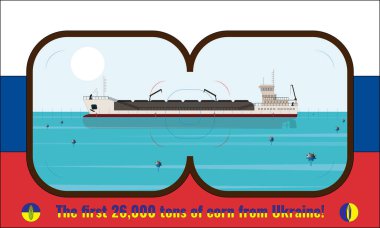 Illustration of the first Ukrainian dry cargo ship with grain that left the port of Odessa after the blockade. Look through the periscope against the background of the Russian flag.