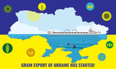 Illustration of the first Ukrainian dry cargo ship with grain that left the port of Odessa after the blockade. Against the background of the contour map of Ukraine and the national flag.