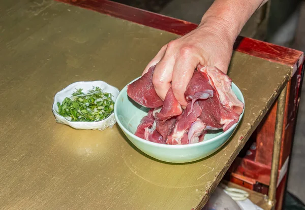 Women Hands Prepare Raw Beef Steaks Frying Grill — Stock Fotó