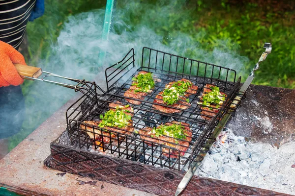 Beef Steaks Spices Grill Grill Fried Hot Coals — Stock Photo, Image