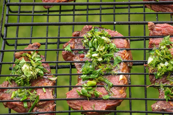 Meat Beef Steak Barbecue Grill Smoke Green Grass Background — Foto Stock