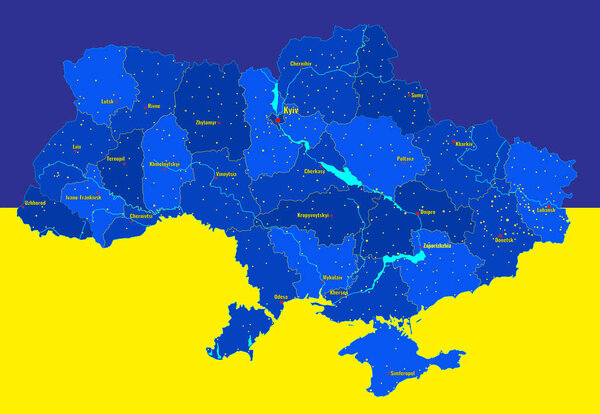 Detailed map of Ukraine with cities, rivers, regions. Illustration.