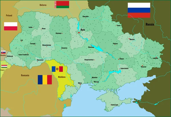 Detailed Map Ukraine Cities Rivers Regions Illustration — Stockfoto