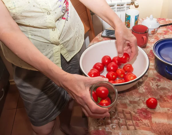 Process Preserving Tomatoes Winter Female Hands Stack Ripe Red Juicy — Fotografia de Stock